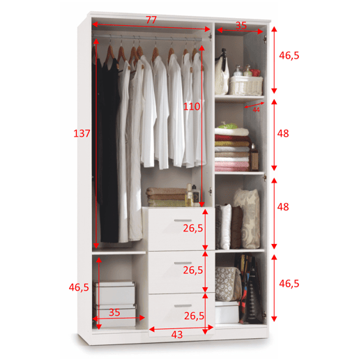 Roupeiro Lisa 3 Portas 3 Gavetas Branco Brilhante, 117 L 52 P 203 A cm