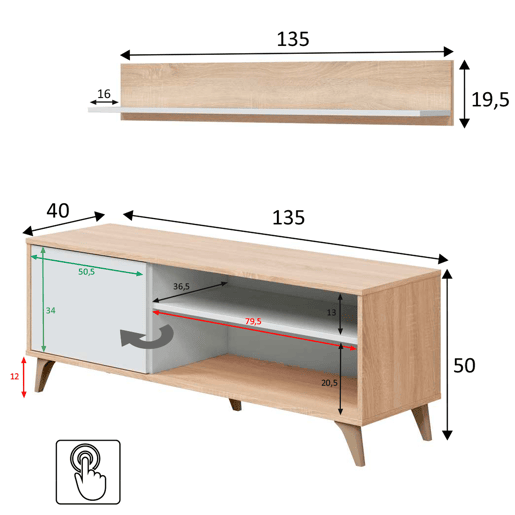 Móvel TV Kiko 1 Prateleira 1 Porta, Cor CarvalhoBranco, 135 cm Largura 40 cm Profundidade 50 cm Altura