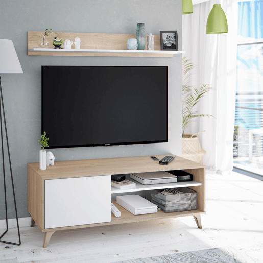 Móvel TV Kiko 1 Prateleira 1 Porta, Cor CarvalhoBranco, 135 cm Largura 40 cm Profundidade 50 cm Altura