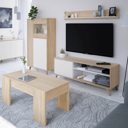 Móvel TV Kiko 1 Prateleira 1 Porta, Cor CarvalhoBranco, 135 cm Largura 40 cm Profundidade 50 cm Altura