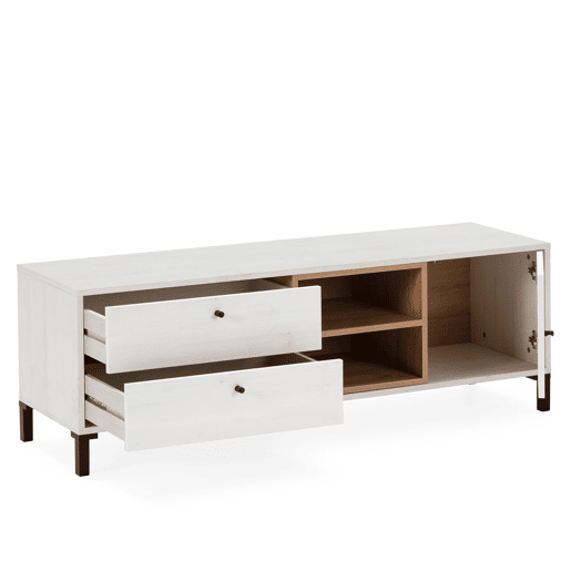 Móvel TV Javea 2 gavetas e 1 porta, branco e madeira, 136,5 x 40 x 47 cm