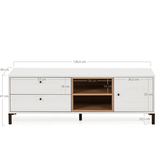 Móvel TV Javea 2 gavetas e 1 porta, branco e madeira, 136,5 x 40 x 47 cm