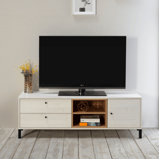 Móvel TV Javea 2 gavetas e 1 porta, branco e madeira, 136,5 x 40 x 47 cm