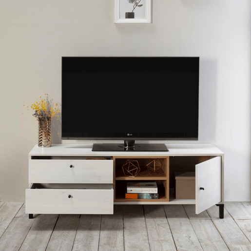 Móvel TV Javea 2 gavetas e 1 porta, branco e madeira, 136,5 x 40 x 47 cm