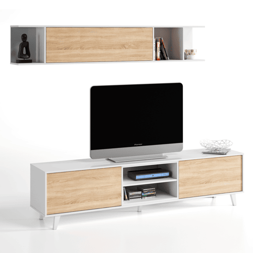 Móvel TV Kira 1 Prateleira 2 Portas, Cor CarvalhoBranco, 180 cm Largura 41 cm Profundidade 51 cm Altura