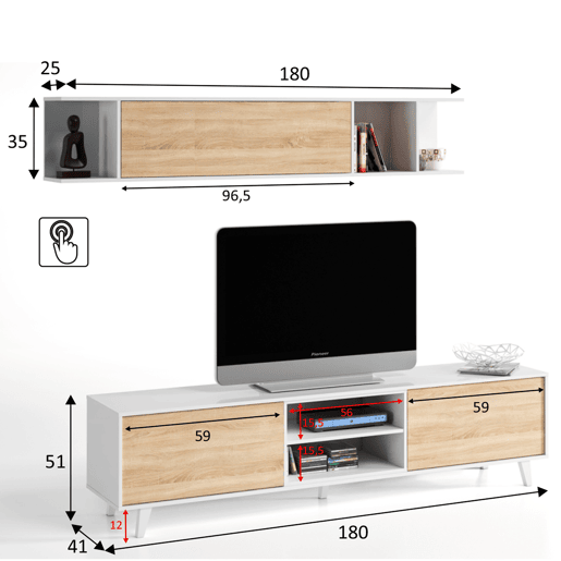 Móvel TV Kira 1 Prateleira 2 Portas, Cor CarvalhoBranco, 180 cm Largura 41 cm Profundidade 51 cm Altura