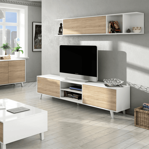 Móvel TV Kira 1 Prateleira 2 Portas, Cor CarvalhoBranco, 180 cm Largura 41 cm Profundidade 51 cm Altura