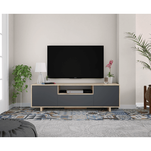 Móvel TV Zaida 3 Portas Carvalho e Cinzento, 150 cm (L) 41 cm (P) 46 cm (A)