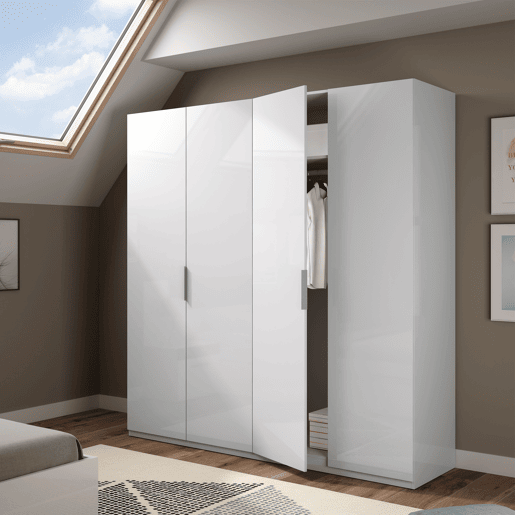Roupeiro Madrid 4 Portas Branco Brilhante, 180 cm Largura 52 cm Profundidade 200 cm Altura