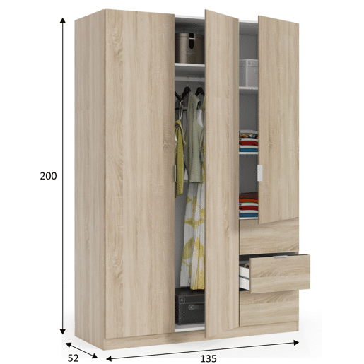 Roupeiro Reus 3 Portas e 3 Gavetas Cor de Carvalho, 135 cm Largura 52 cm Profundidade 200 cm Altura