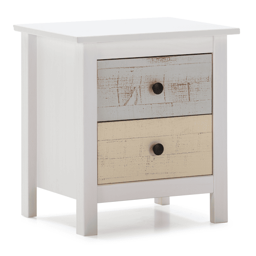 Mesa de cabeceira Magda com 2 gavetas em branco e gavetas multicoloridas