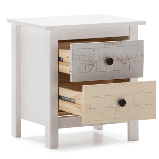 Mesa de cabeceira Magda com 2 gavetas em branco e gavetas multicoloridas