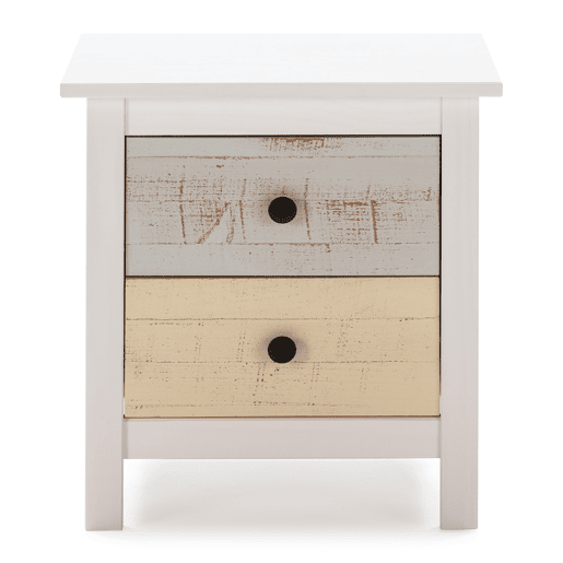 Mesa de cabeceira Magda com 2 gavetas em branco e gavetas multicoloridas