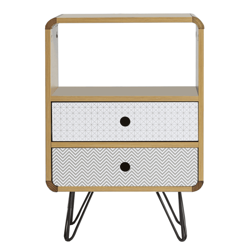 Mesa de cabeceira Buda 2 gavetas, cor de carvalho, pernas metálicas pretas