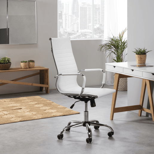 Cadeira de escritório reclinável London Branco, em pele sintética, altura ajustável, design ergonómico