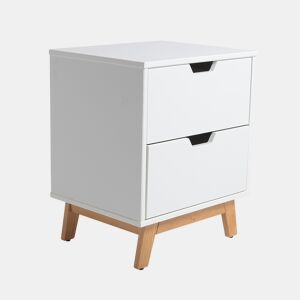 Mesa de cabeceira Miranda com 2 gavetas Branco, MDF lacado, pernas de madeira e corrediças de metal