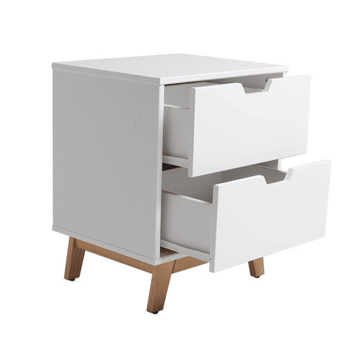 Mesa de cabeceira Miranda com 2 gavetas Branco, MDF lacado, pernas de madeira e corrediças de metal