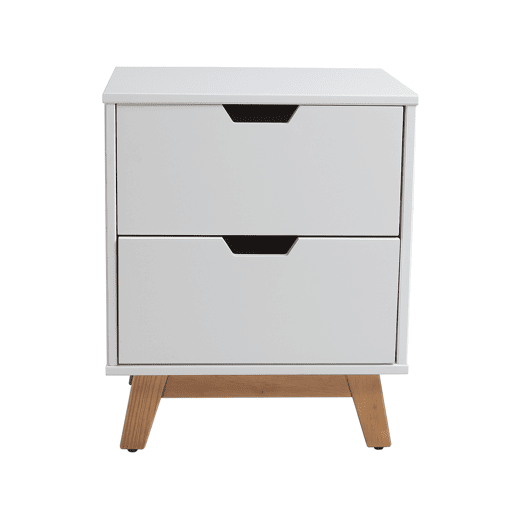 Mesa de cabeceira Miranda com 2 gavetas Branco, MDF lacado, pernas de madeira e corrediças de metal