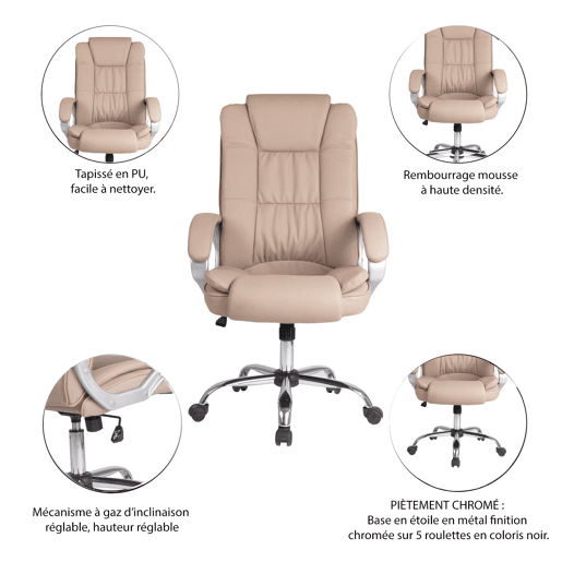 Poltrona de escritório Karen, Taupe, Couro sintético, Elevação e Reclinação, Taupe