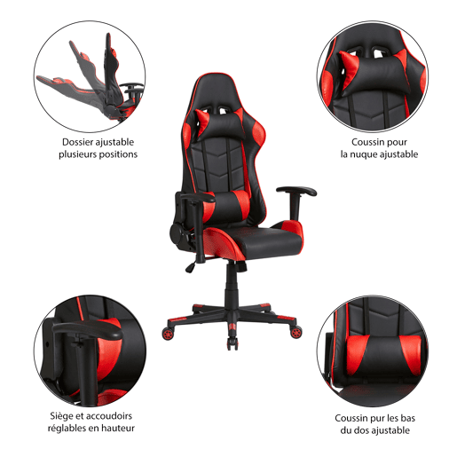 Cadeira de escritório profissional para jogos, vermelha, em pele sintética, ajustável em altura e inclinação