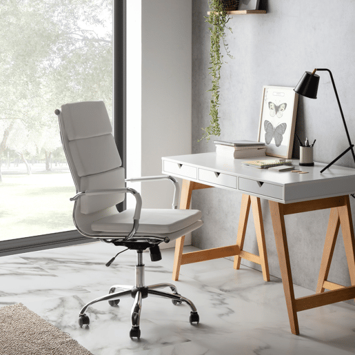 Cadeira de escritório reclinável Morgan Branco, em pele sintética, altura ajustável, design ergonómico