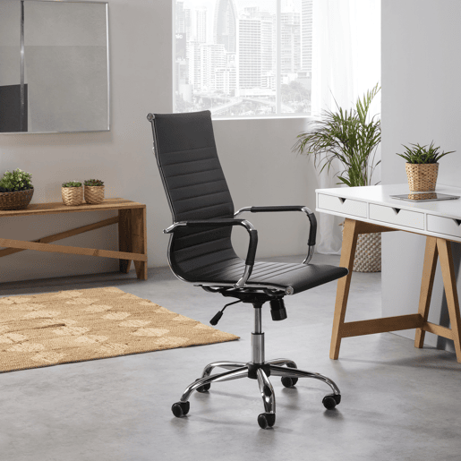 Cadeira de escritório reclinável London preta, em pele sintética, altura ajustável, design ergonómico