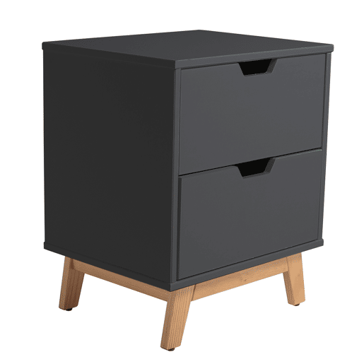 Mesa de cabeceira Miranda com 2 gavetas Antracite, MDF lacado, pernas de madeira e corrediças metálicas