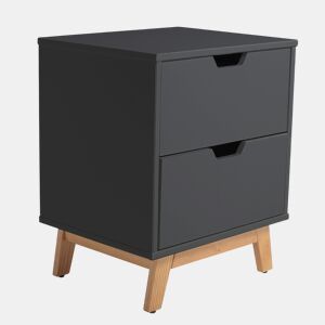 Mesa de cabeceira Miranda com 2 gavetas Antracite, MDF lacado, pernas de madeira e corrediças metálicas