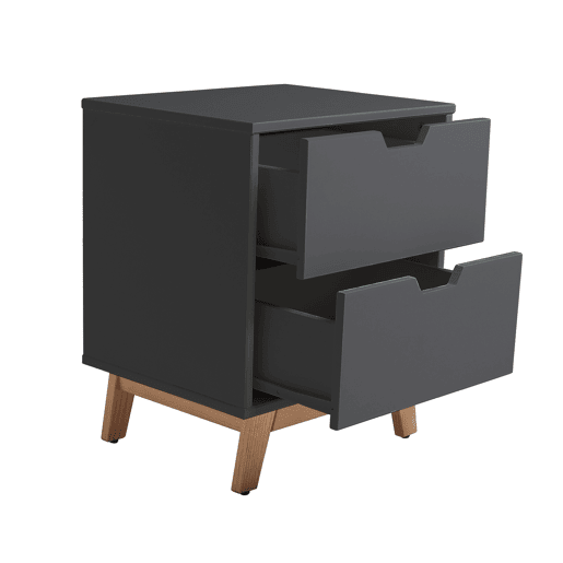 Mesa de cabeceira Miranda com 2 gavetas Antracite, MDF lacado, pernas de madeira e corrediças metálicas