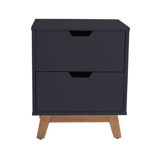 Mesa de cabeceira Miranda com 2 gavetas Antracite, MDF lacado, pernas de madeira e corrediças metálicas