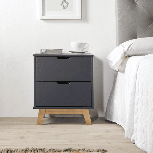 Mesa de cabeceira Miranda com 2 gavetas Antracite, MDF lacado, pernas de madeira e corrediças metálicas