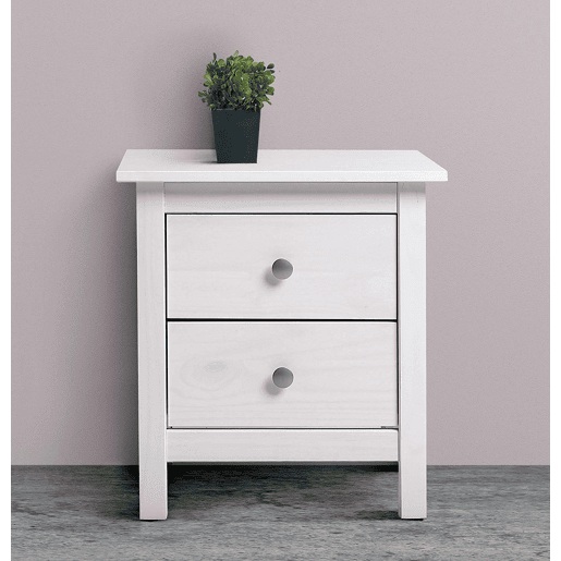 Mesa de cabeceira Berna com 2 gavetas em branco, madeira maciça, corrediças metálicas