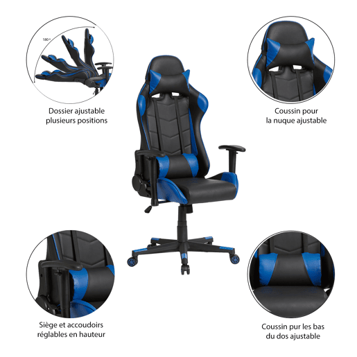 Cadeira de escritório profissional para jogos Azul, em pele sintética, ajustável em altura e inclinação