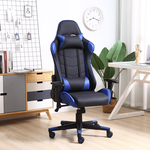 Cadeira de escritório profissional para jogos Azul, em pele sintética, ajustável em altura e inclinação