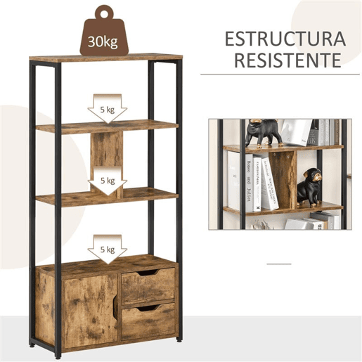 HOMCOM Estante para Livros com Armário e 2 Gavetas de Armazenamento Estante Estilo Industrial para Escritório Sala de Estar 58x24x122cm Marrom Rústico