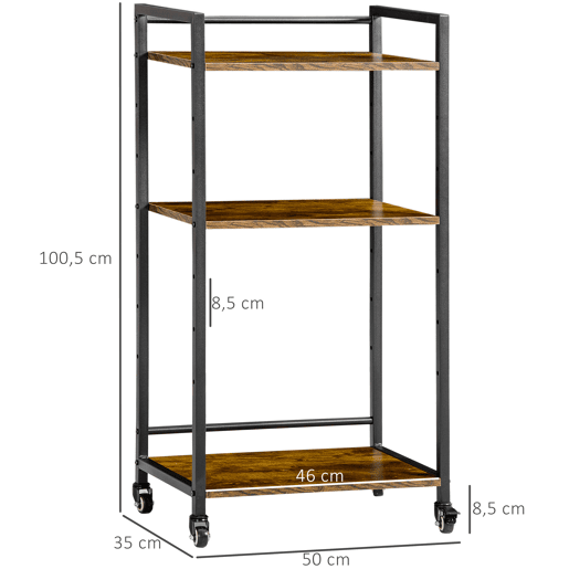HOMCOM Estante Multifuncional com Rodas Estante de Armazenamento de 3 Níveis com Prateleiras Ajustáveis para Escritório Estúdio Dormitório 50x35x100,5cm Marrom Rústico