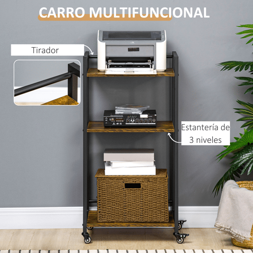 HOMCOM Estante Multifuncional com Rodas Estante de Armazenamento de 3 Níveis com Prateleiras Ajustáveis para Escritório Estúdio Dormitório 50x35x100,5cm Marrom Rústico