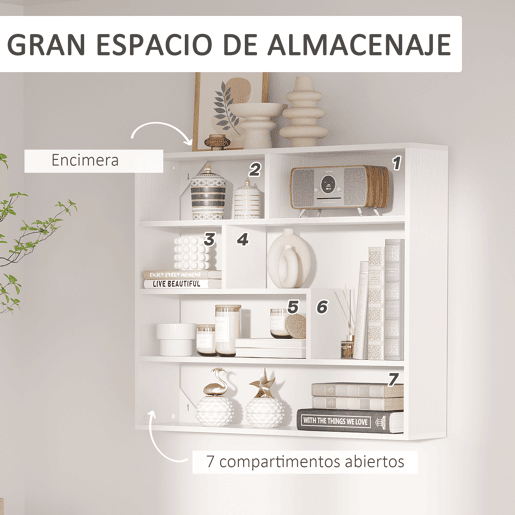 HOMCOM Estante de Parede de 4 Níveis com 7 Compartimentos Abertos para Sala de Estar Dormitório Escritório Estilo Moderno 94x19,5x80cm Branco