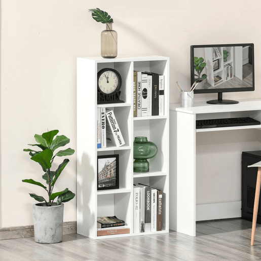 HOMCOM Estante para Livros Estante de Madeira com 7 Compartimentos de Armazenamento Plantas Arquivos para Sala de Estar Dormitório Escritório 50x24x106cm Branco