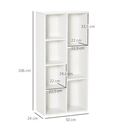 HOMCOM Estante para Livros Estante de Madeira com 7 Compartimentos de Armazenamento Plantas Arquivos para Sala de Estar Dormitório Escritório 50x24x106cm Branco