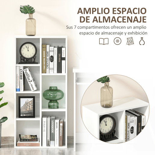 HOMCOM Estante para Livros Estante de Madeira com 7 Compartimentos de Armazenamento Plantas Arquivos para Sala de Estar Dormitório Escritório 50x24x106cm Branco