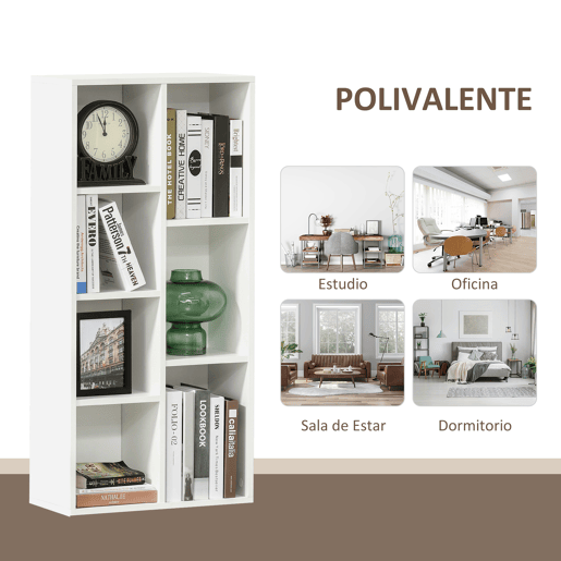 HOMCOM Estante para Livros Estante de Madeira com 7 Compartimentos de Armazenamento Plantas Arquivos para Sala de Estar Dormitório Escritório 50x24x106cm Branco