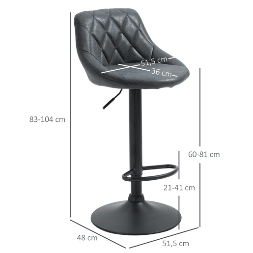 HOMCOM Conjunto de 2 Bancos de Bar Giratórios com Altura Ajustável Bancos Altos Moderno de Cozinha com Base Redonda e Apoio para os Pés 51,5x48x83-104cm Preto