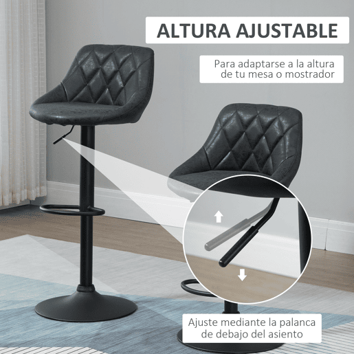 HOMCOM Conjunto de 2 Bancos de Bar Giratórios com Altura Ajustável Bancos Altos Moderno de Cozinha com Base Redonda e Apoio para os Pés 51,5x48x83-104cm Preto