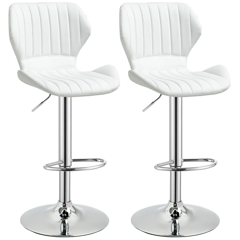Homcom juego de 2 taburetes altos de cocina y giratorio taburetes altos de cuero sintético con respaldo y estructura de metal 47x51,5x92-114 cm blanco