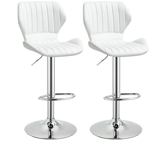 Homcom juego de 2 taburetes altos de cocina y giratorio taburetes altos de cuero sintético con respaldo y estructura de metal 47x51,5x92-114 cm blanco