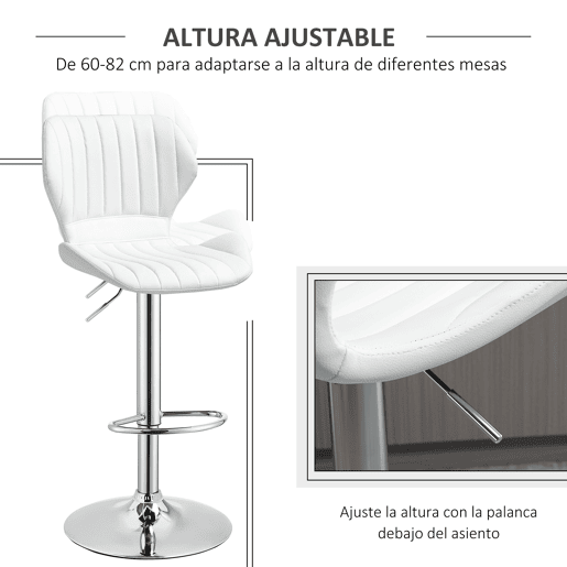 HOMCOM Conjunto de 2 Bancos de Bar Bancos Altos de Cozinha Giratório Altura Ajustável 91,5-113,5cm com Apoio para os Pés e Base de Metal Ø41 cm Branco