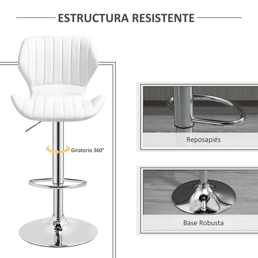 HOMCOM Conjunto de 2 Bancos de Bar Bancos Altos de Cozinha Giratório Altura Ajustável 91,5-113,5cm com Apoio para os Pés e Base de Metal Ø41 cm Branco