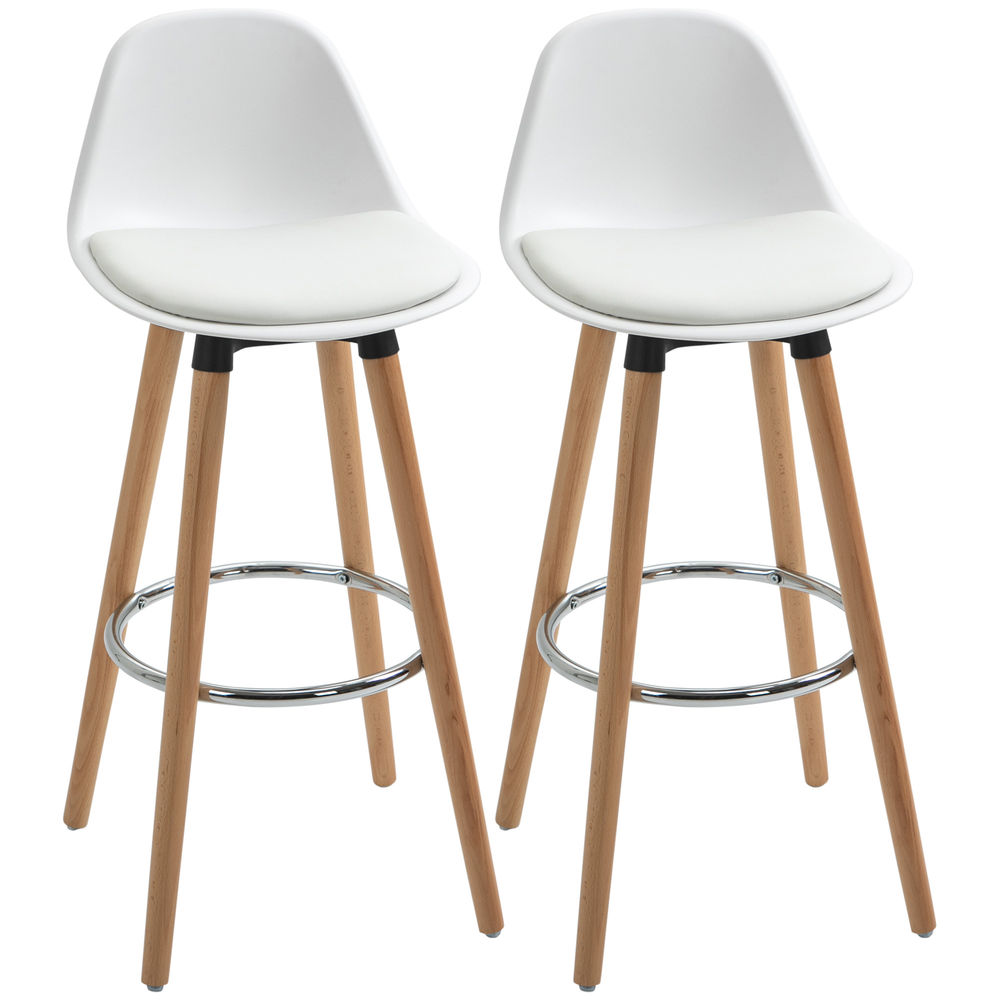 Homcom juego de 2 taburetes altos de cocina altura asiento 69 cm taburetes de bar sillas altas de cocina tapizado en pu con respaldo patas de madera para comedor blanco