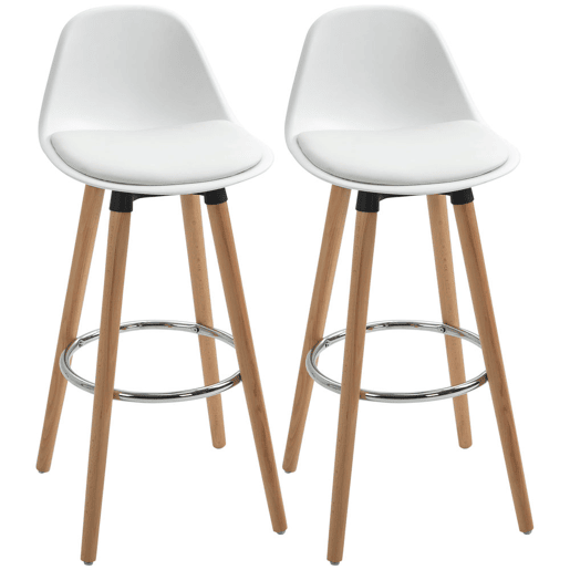 HOMCOM Conjunto de 2 Bancos de Bar Estofado em PU Bancos Altos de Cozinha com Assento de 69 cm e Pés de Madeira para Cozinha Sala de Jantar 38,5x42,5x91cm Branco